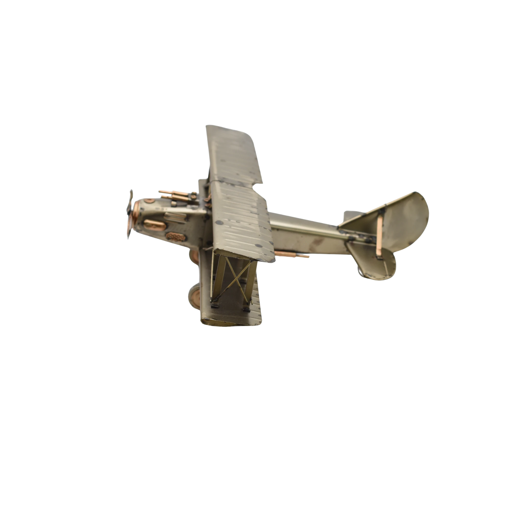 Miniaturmodel eines bewaffneten Doppeldeckerflugzeuge in Gold- und Bronzefarben – Bild 6