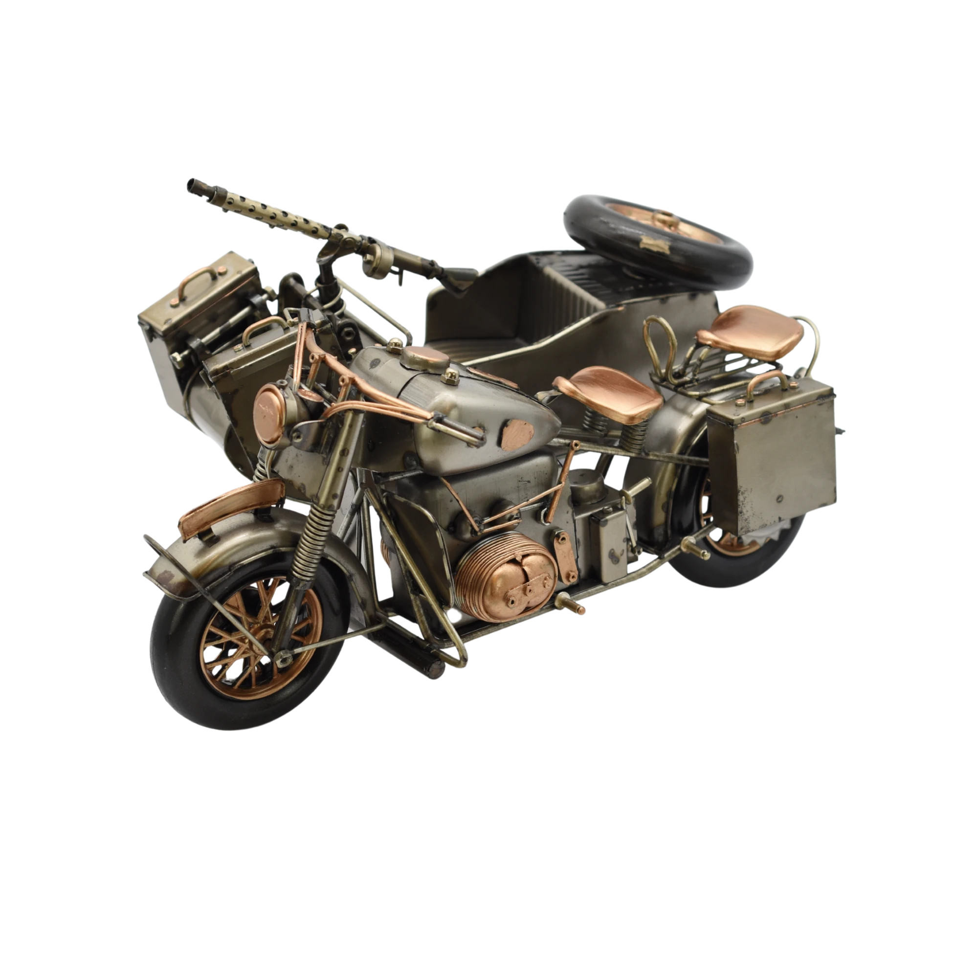 Bewaffnetes Miniaturmotorrad mit Beiwagen aus Zinn in Gold- und Bronzefarben – Bild 6