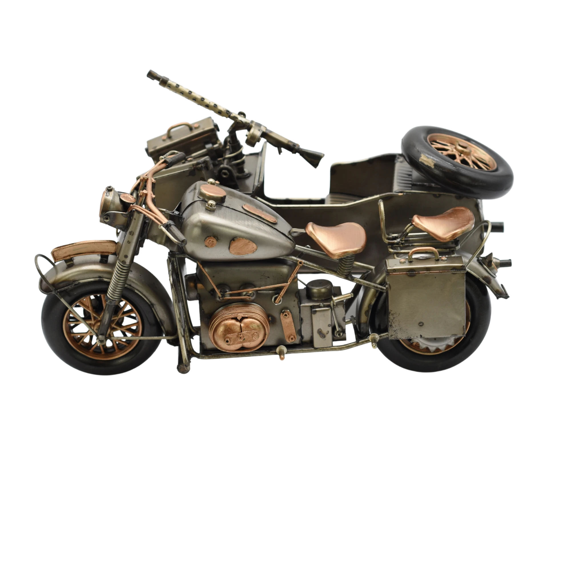 Bewaffnetes Miniaturmotorrad mit Beiwagen aus Zinn in Gold- und Bronzefarben – Bild 7
