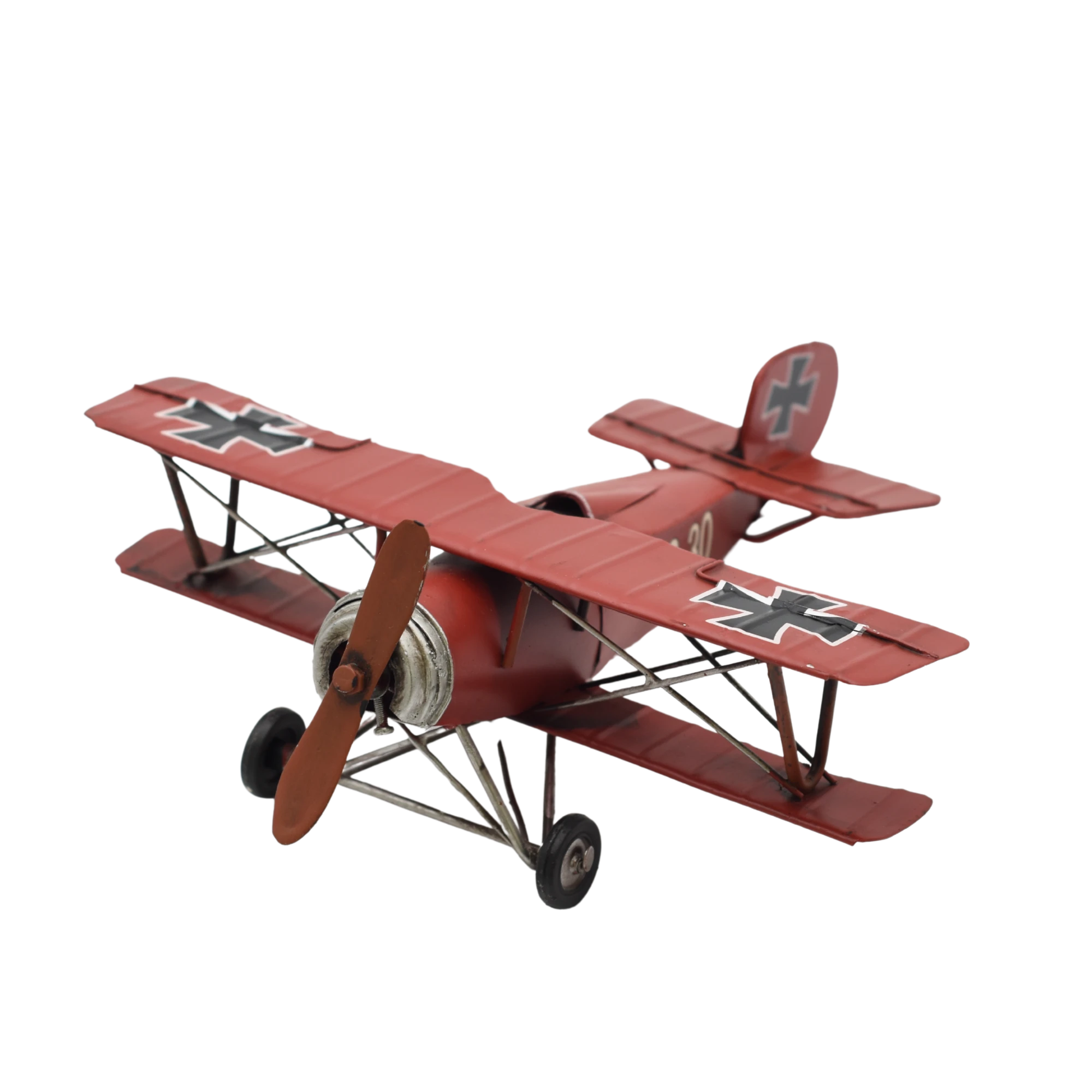 Miniaturmodel eines Doppeldeckerflugzeugs aus Zinn in Rot, klein