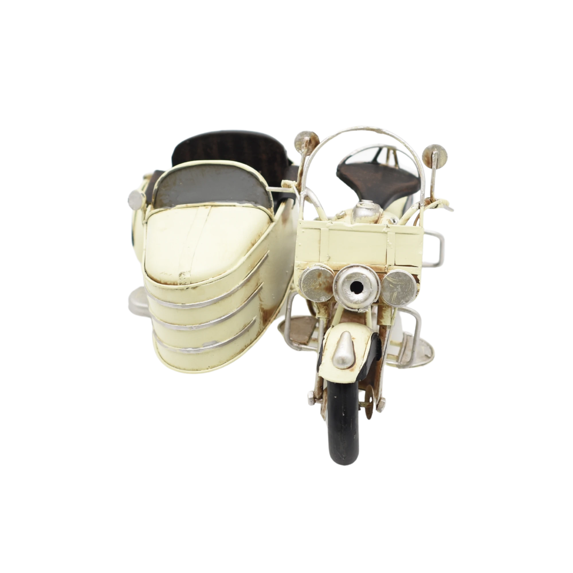 Miniaturmodel eines Motorrads mit Beiwagen aus Zinn in Beige