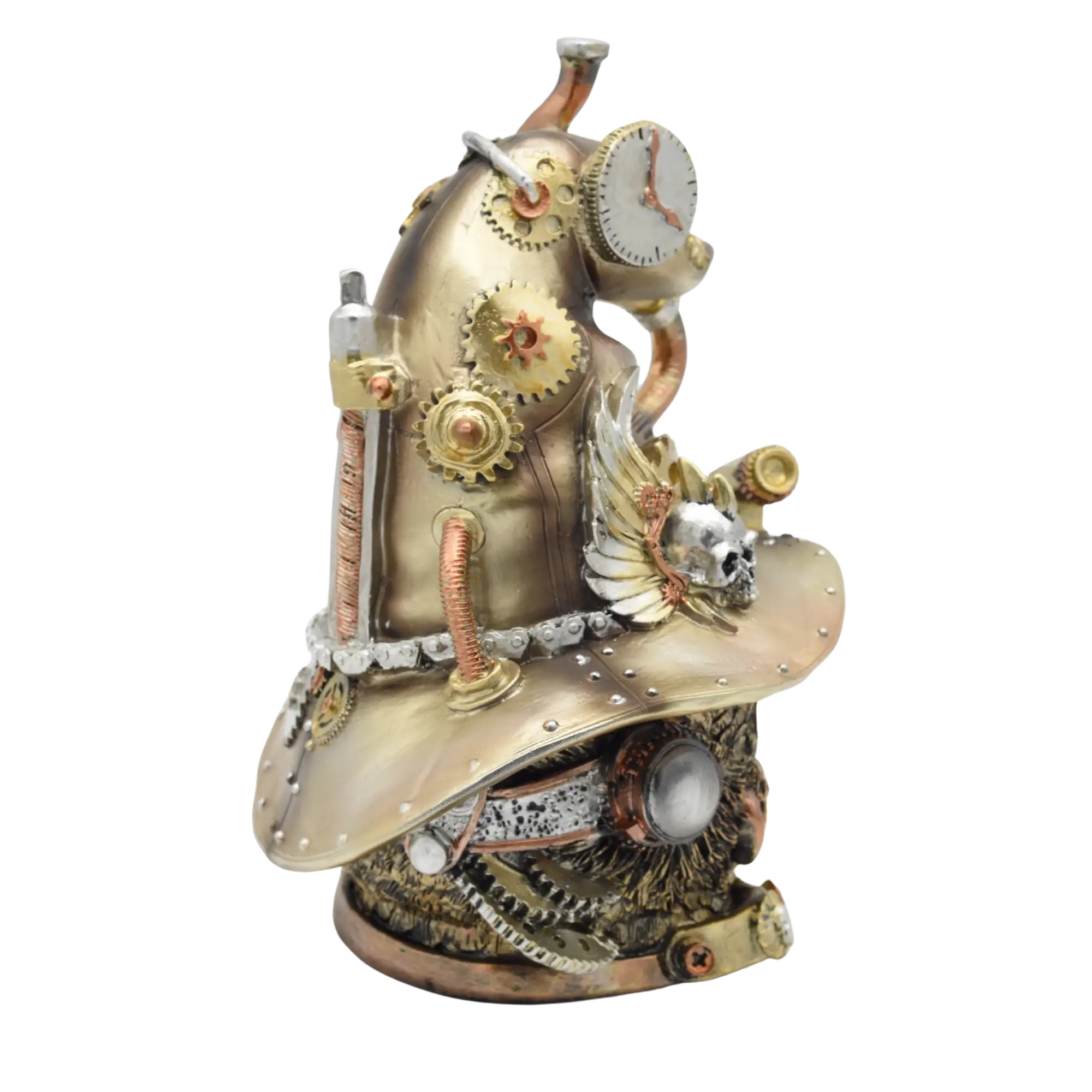 Eulenkopf aus Resin mit Zaubererhut voller Zahnräder, in Goldton – Bild 4