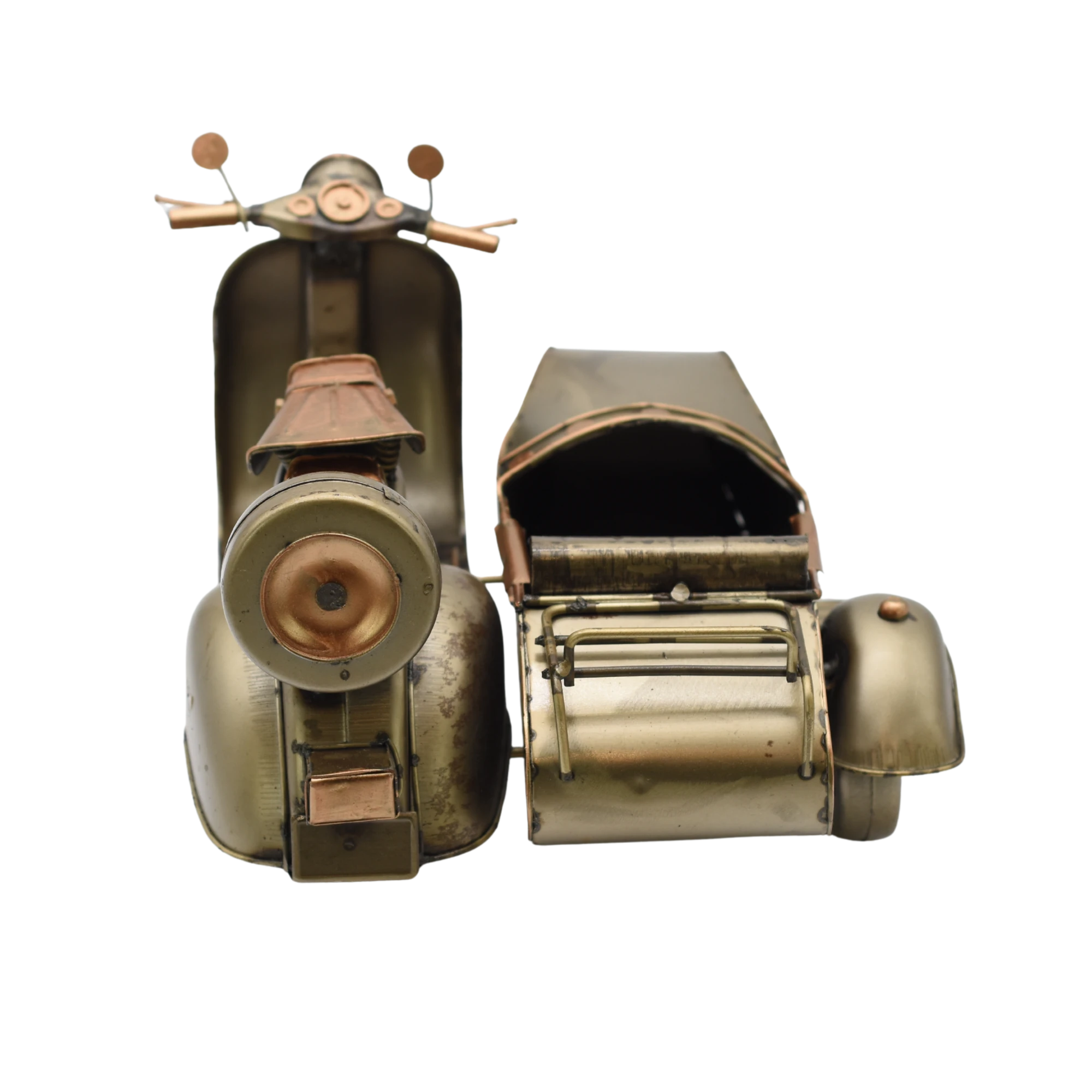 Miniaturmodel einer Vespa mit Beiwagen in Gold- und Bronzefarben – Bild 8