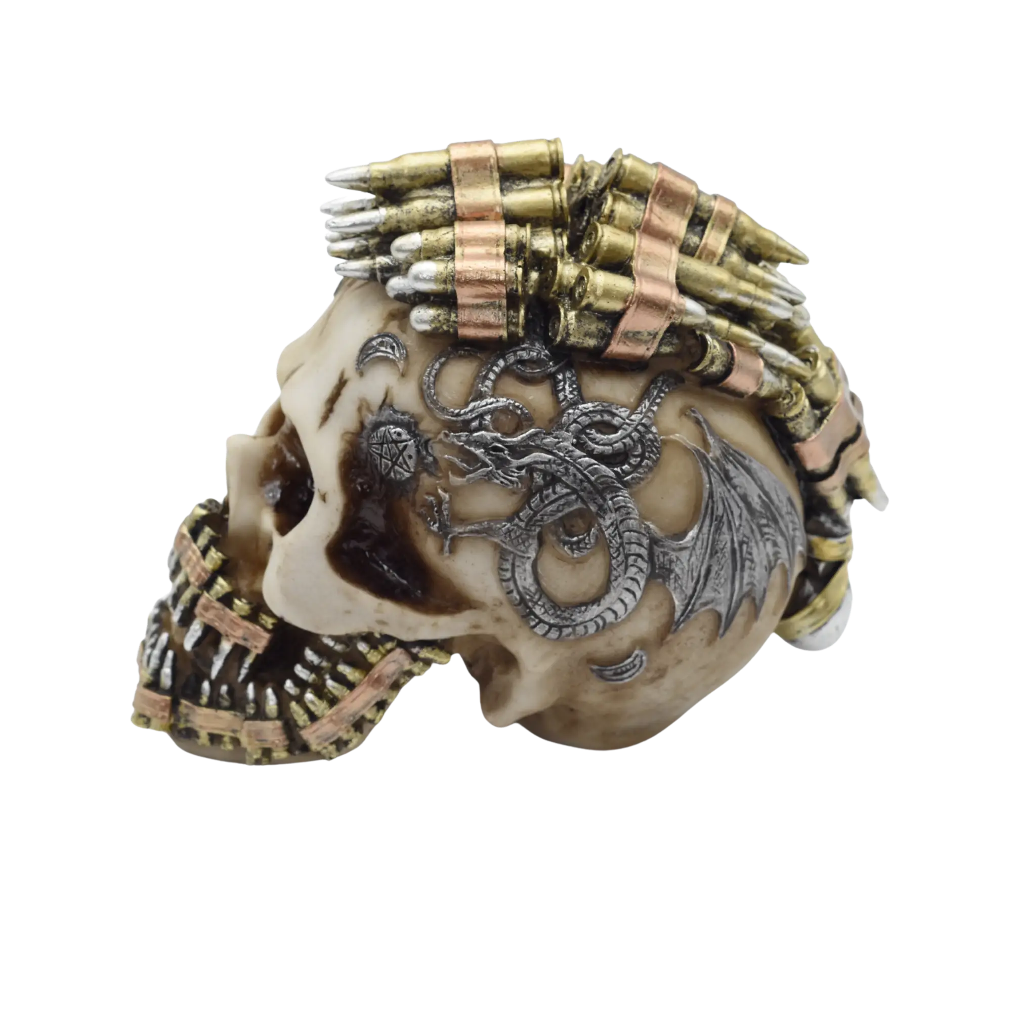 Verzierter Totenschädel aus Resin mit Zähnen und Irokesen aus Patronenhülsen – Bild 4