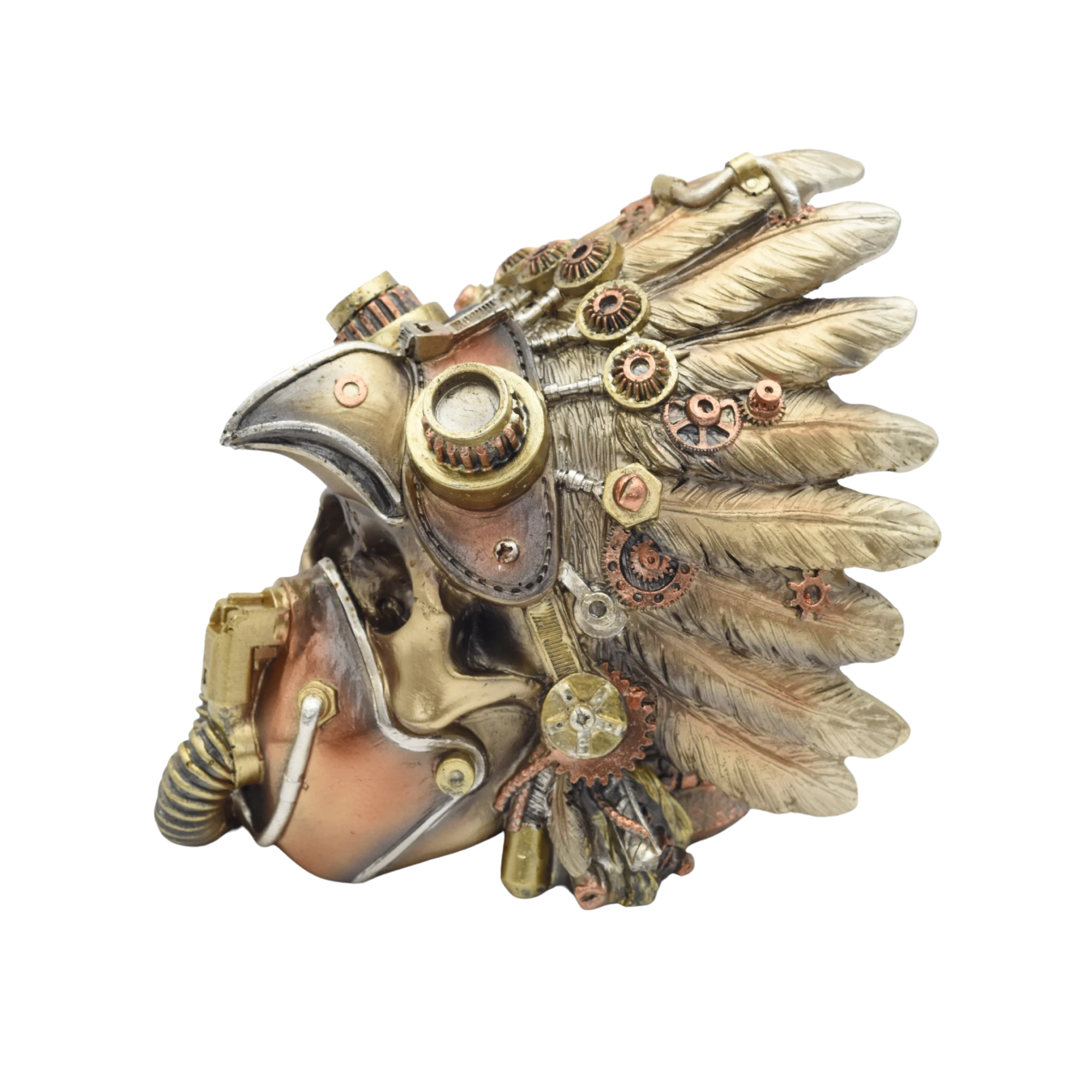 Totenschädel aus Resin mit Gasmaske und Häuptlingsschmuck – Bild 6