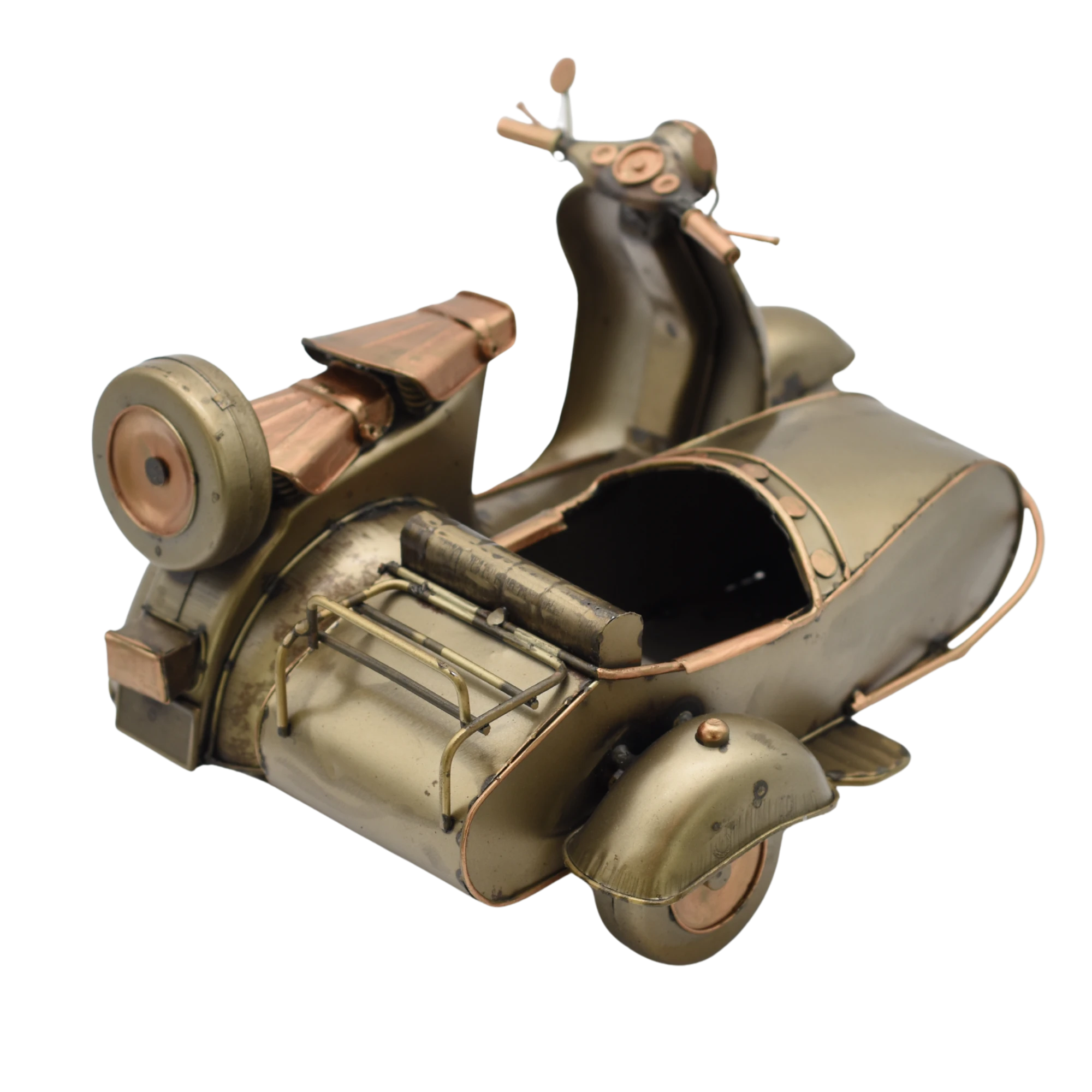 Miniaturmodel einer Vespa mit Beiwagen in Gold- und Bronzefarben – Bild 9