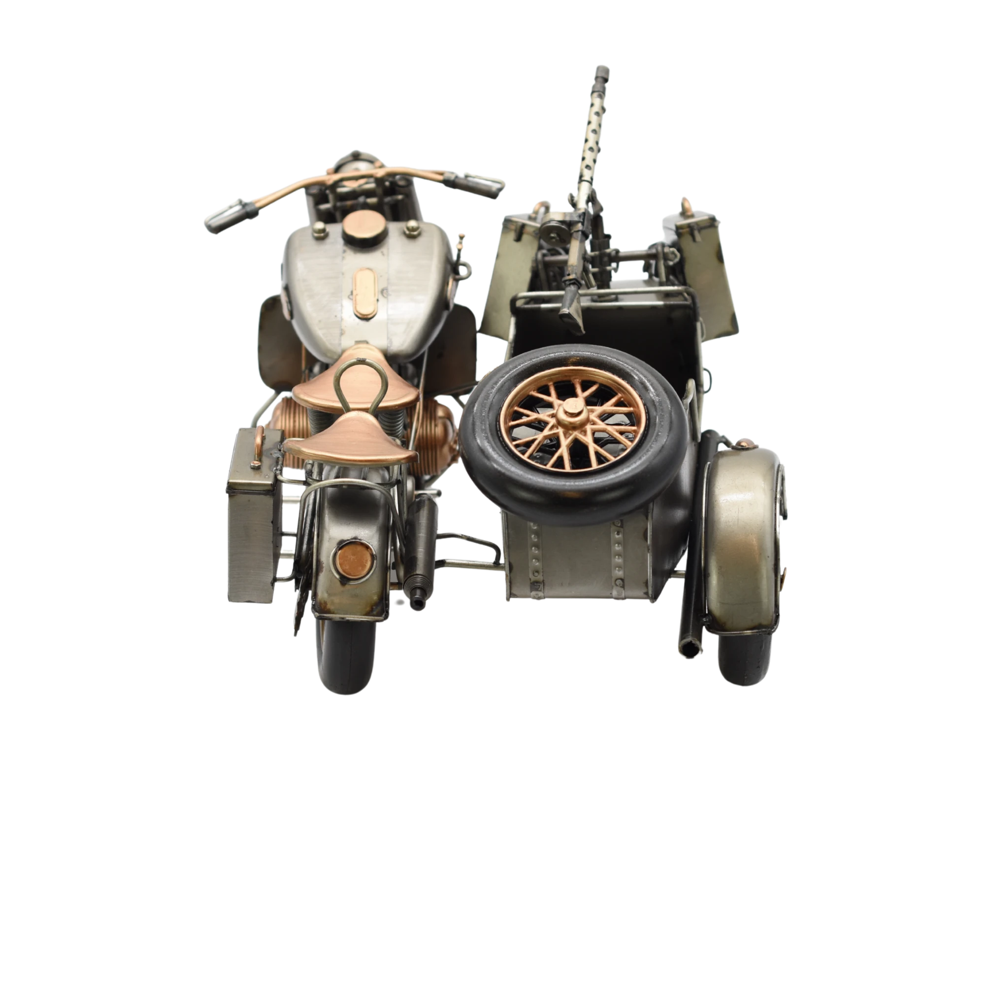 Bewaffnetes Miniaturmotorrad mit Beiwagen aus Zinn in Gold- und Bronzefarben – Bild 8