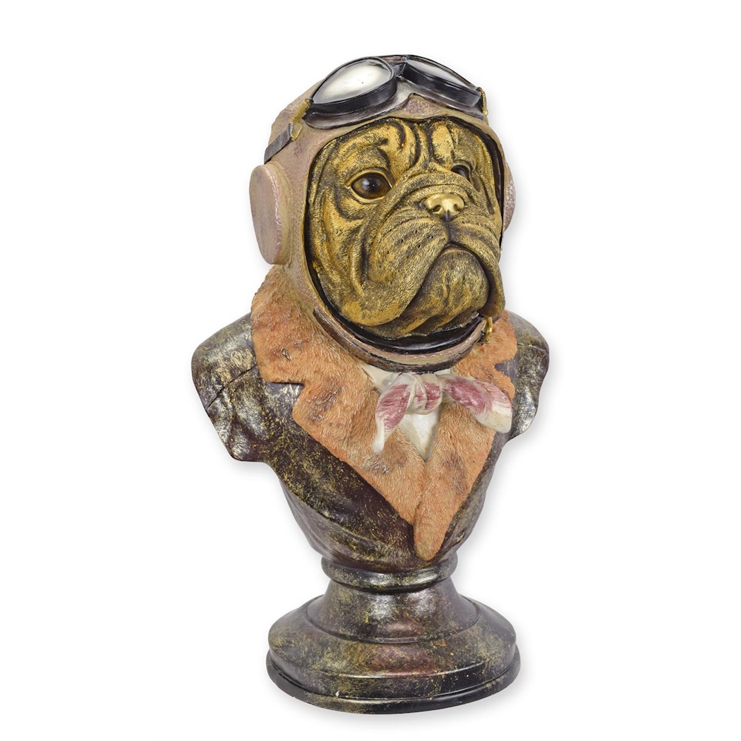 Resinbüste einer Bulldogge im Pilotendress