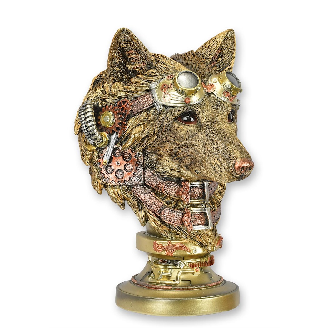 Steampunk-Wolfsbüste mit Fliegerbrille und Zahnrädern