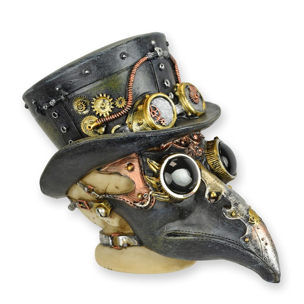 Kopf mit Pestmaske und Zylinder im Steampunkstyle, in schwarz